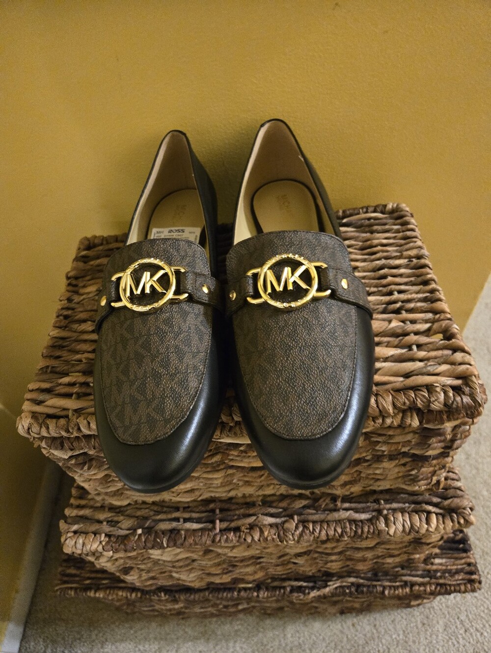 Michael Kors Brown Logo Leather-Trim Loafers with Gold MK Hardware